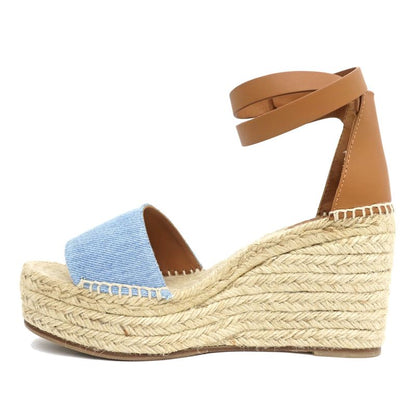 Hermes Espadrilles Tivoli Wedge Sole Sandals Blue Brown 37 Women's