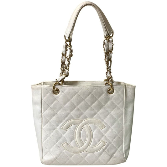 Chanel CC Logo Quilted Caviar Leather Chain Shoulder Bag White