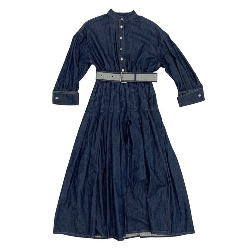 Christian Dior Dress Cotton Blue Silver Denim Short Sleeve Logo Belt Fleece Long
