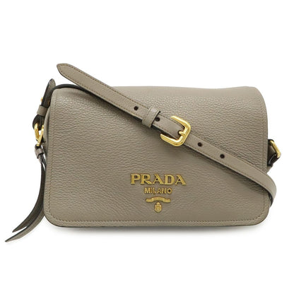 Prada Pochette Shoulder Bag Flap Crossbody Leather Gray Gold