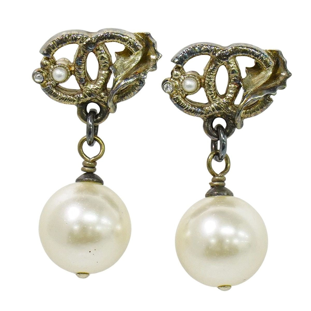 Chanel CC Logo Faux Pearl Earrings Gold Plated White