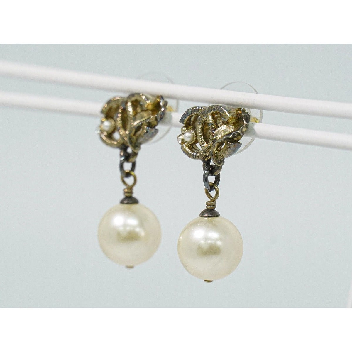 Chanel CC Logo Faux Pearl Earrings Gold Plated White — view 7