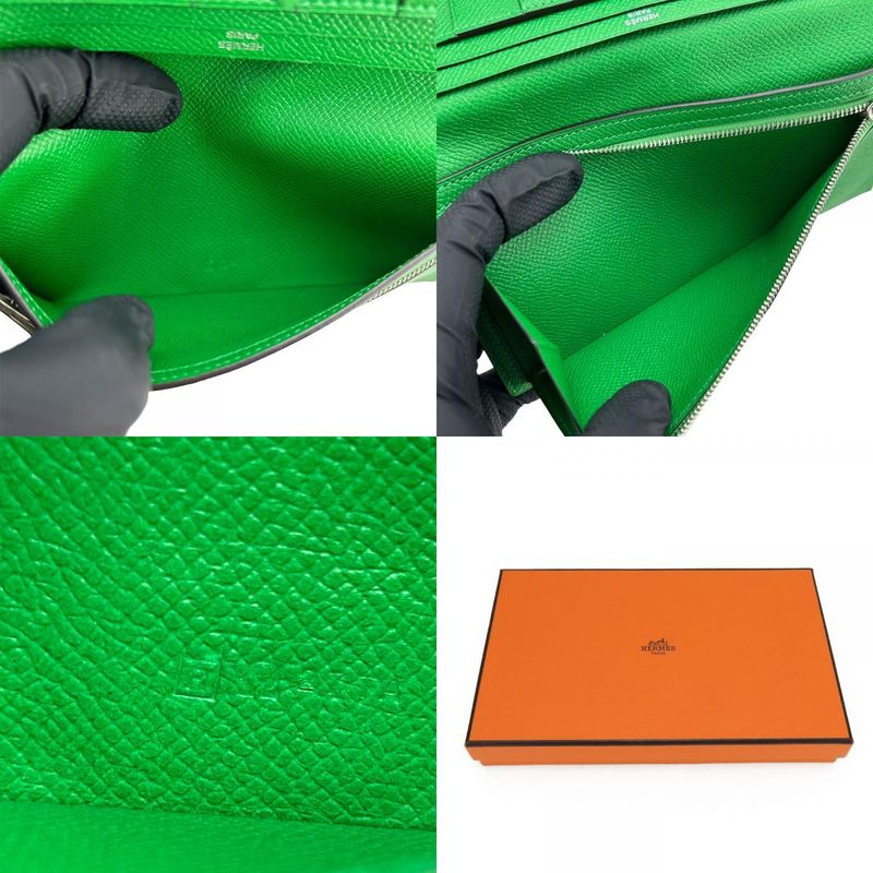Hermes Long Wallet Bearn Souffle Vaux Epson Bamboo Green Silver Hardware Bifold