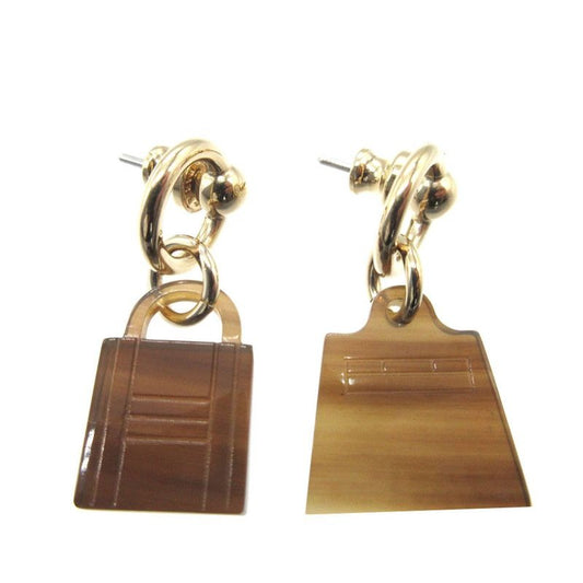 Hermes Amourette Maroquinier Kelly Cadenas Buffalo Horn Metal Brown Earrings