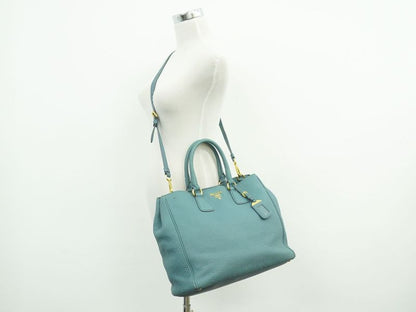 Authentic Prada Leather 2WAY Shoulder Bag Handbag Light Blue Bag Pre-owned