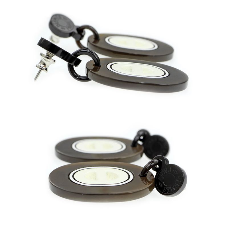 Hermes Earrings Fidelio Village PM Buffalo Horn Dark Brown White
