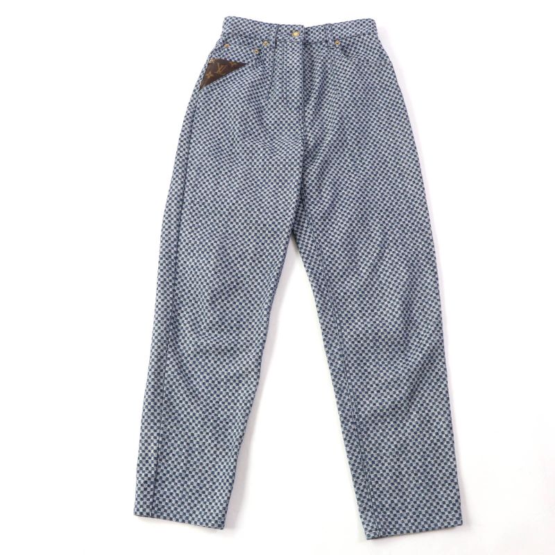 Louis Vuitton 2022 Monogram Leather Patched Damier Pattern Denim Pants Navy 34