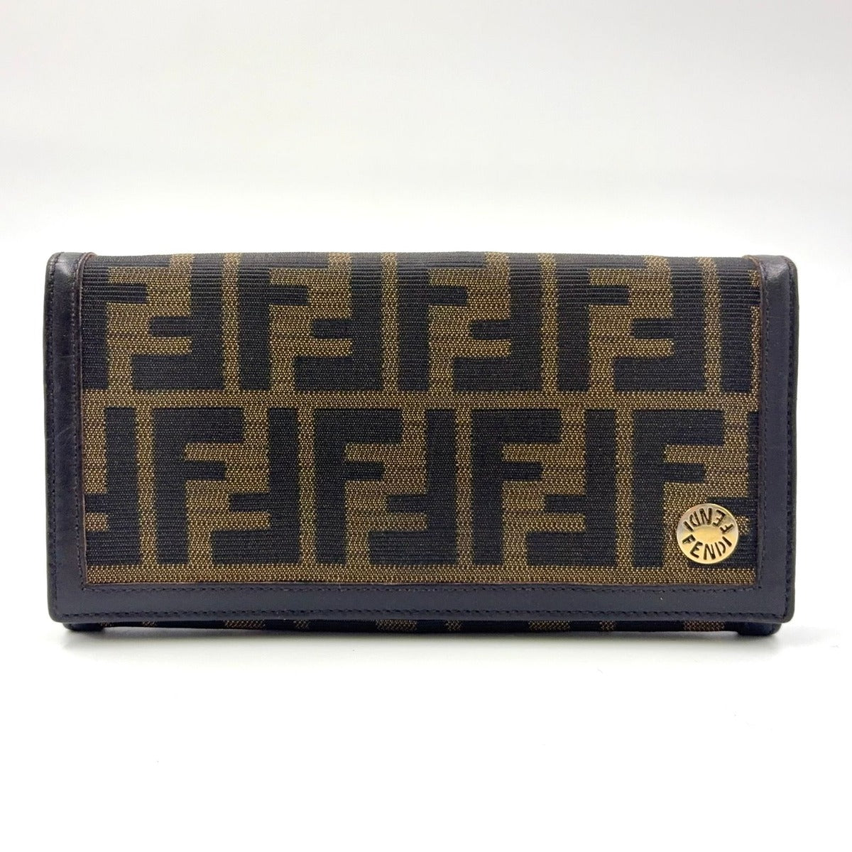 Fendi Zucca Pattern Bifold Leather Canvas Dark Brown Wallet Gold