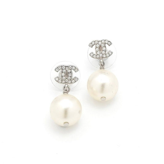 Chanel Earrings Silver CC Logo Rhinestone