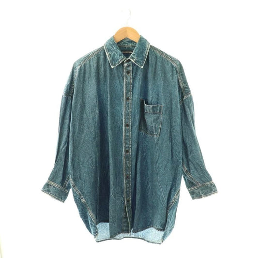 Balenciaga Transfer Print Long Sleeve Denim Shirt S Indigo CX