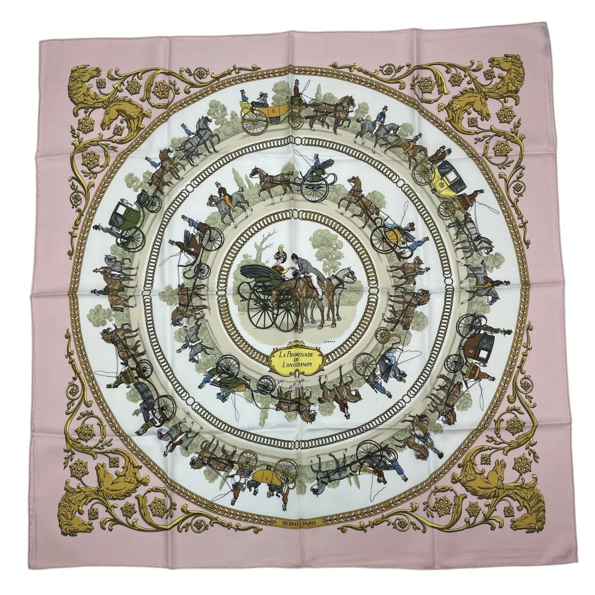 Hermes Scarf Silk Carre 90 la Promenade de Longchamps Walk to Long Chien Pink
