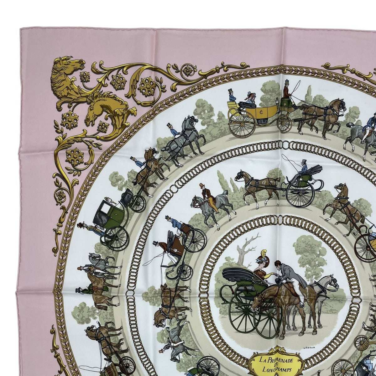 Hermes Scarf Silk Carre 90 la Promenade de Longchamps Walk to Long Chien Pink — view 2