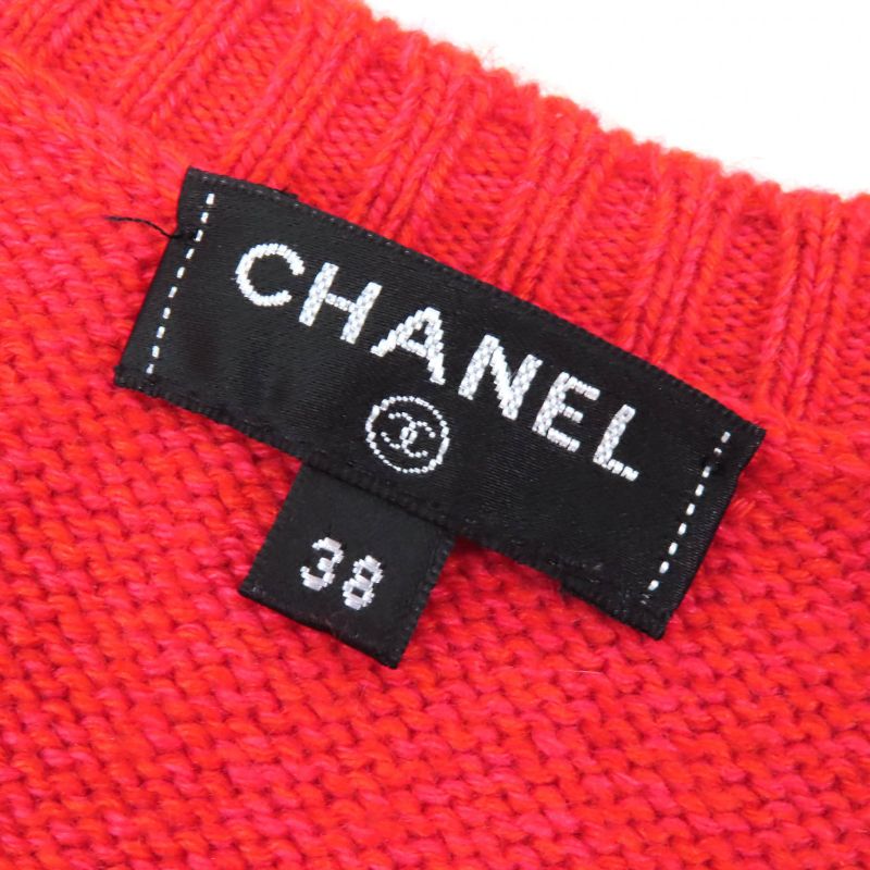 CHANEL P57305 100% Cashmere Coco Mark Pearl V-neck Long Sleeve Knit Sweater Red
