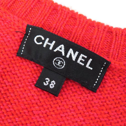 CHANEL P57305 100% Cashmere Coco Mark Pearl V-neck Long Sleeve Knit Sweater Red