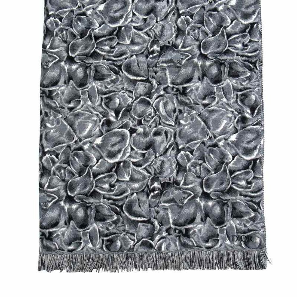 Dior Jardin All Over Pattern Throw Wool Large Shawl Logo Black Gray Scarf