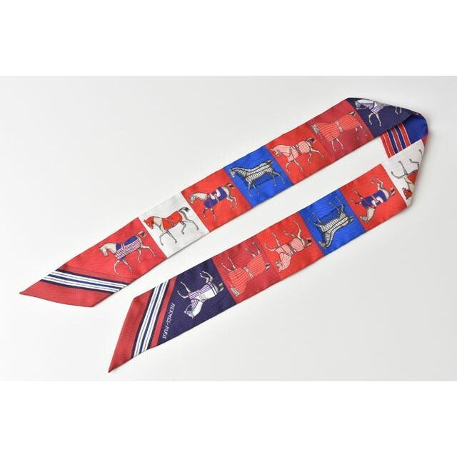 Hermes Twillye Scarf Silk Twill Horse Motif Red Blue Multi — view 4