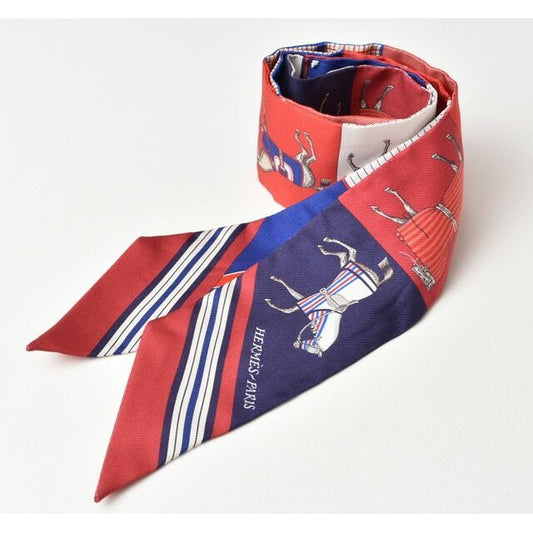 Hermes Twillye Scarf Silk Twill Horse Motif Red Blue Multi