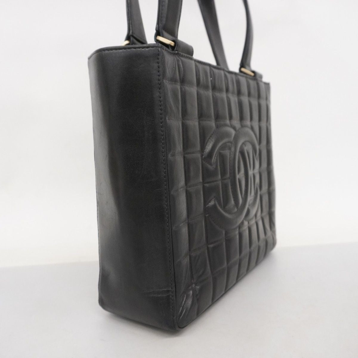 CHANEL Vintage Lambskin Quilted Chocolate Bar Tote Black Purse