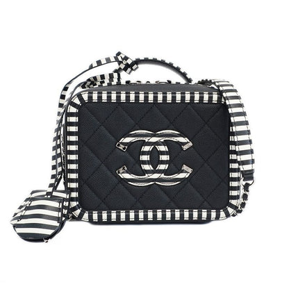 Chanel CC Filigree-chain Shoulder Bag White Black Quilted
