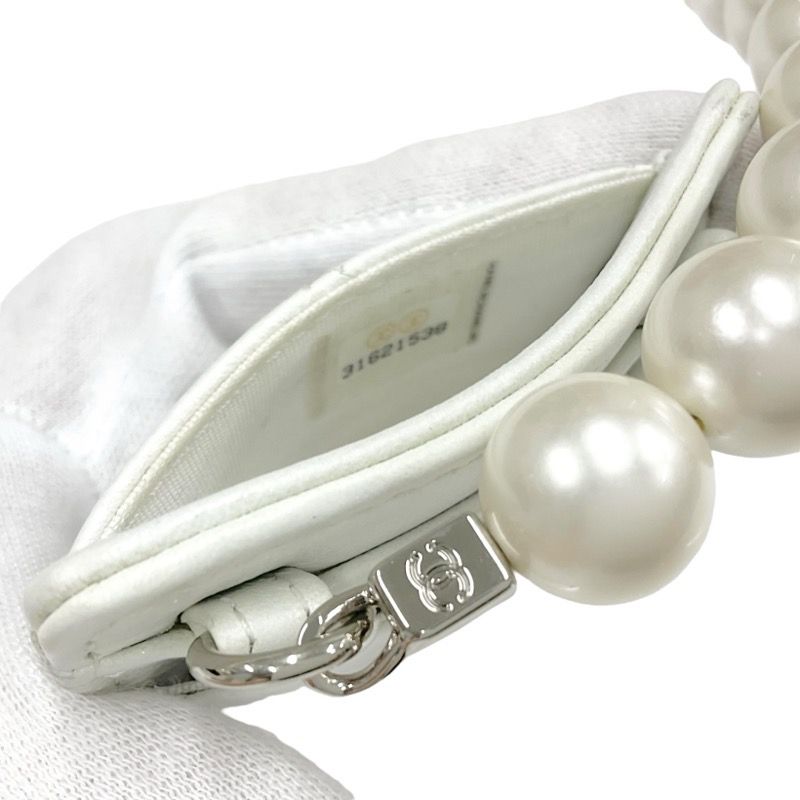 Chanel Card Case Card Holder Pass Case White Silver Coco Mark Charm Matelasse