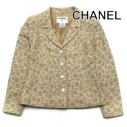 Chanel CC Logo Button Tweed All Over Pattern Jacket Ivory