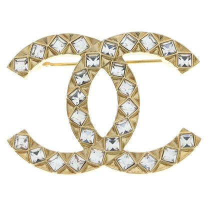 Chanel CC Logo Rhinestone Pin Badge Brooch Gold