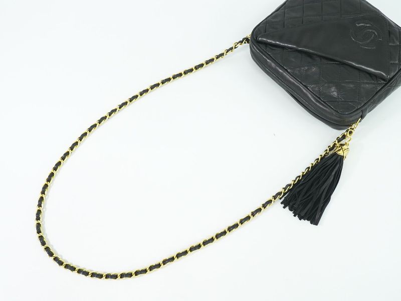 Authentic Chanel Coco Mark Matelasse Tassel Chain Shoulder Bag Lambskin Leather