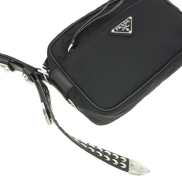 Prada Shoulder Bag Studded Nylon Leather Black Silver Hardware Black Triangle