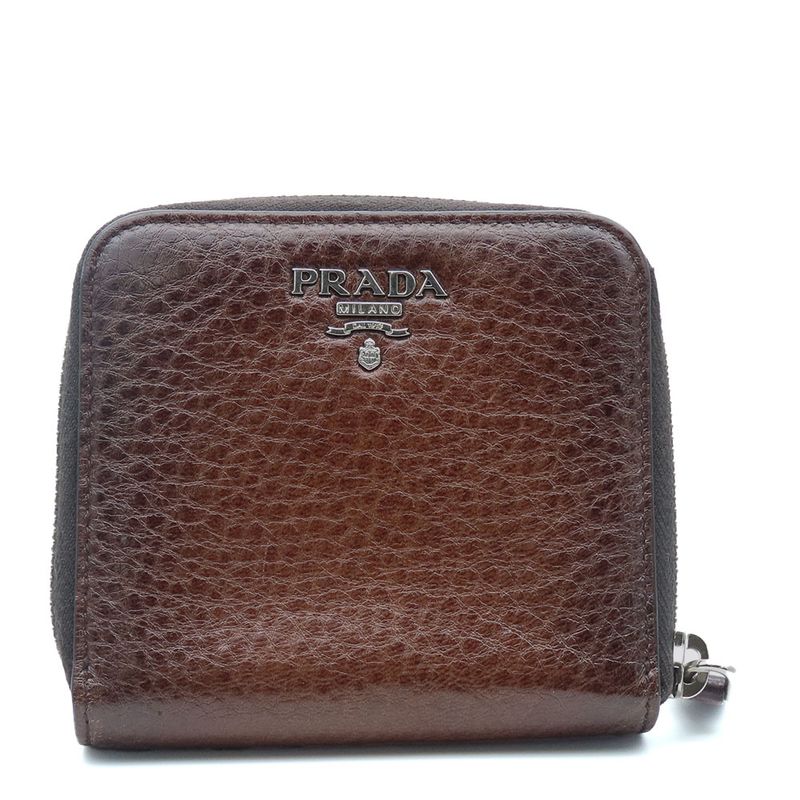 Prada Bifold Wallet 1m0522 Leather Cacao Brown Silver Hardware Compact Round