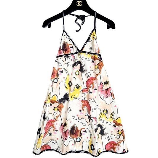 CHANEL Vintage 1995 CC Halter Neck Comic Print Swimsuit Flare Dress