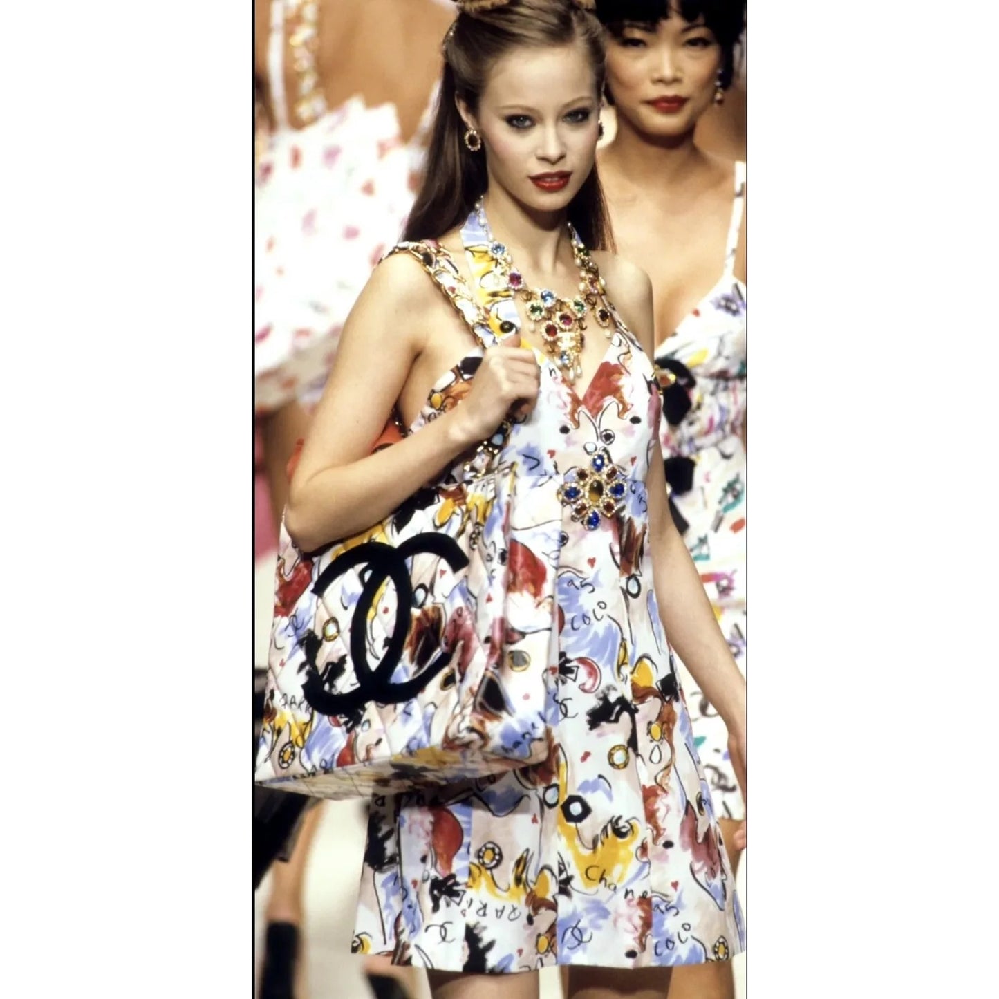 CHANEL Vintage 1995 CC Halter Neck Comic Print Swimsuit Flare Dress