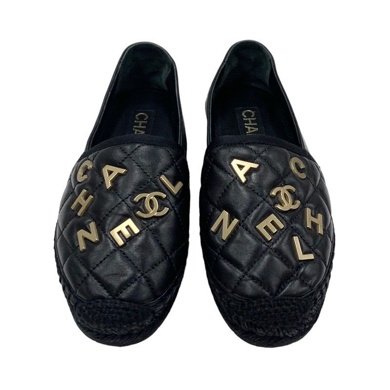 Chanel Flat Shoes Leather Black Gold Here Mark Logo Espadrilles