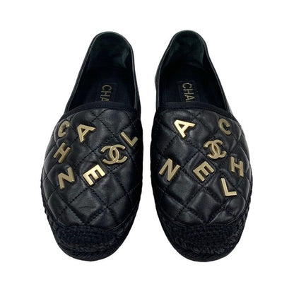 Chanel Flat Shoes Leather Black Gold Here Mark Logo Espadrilles
