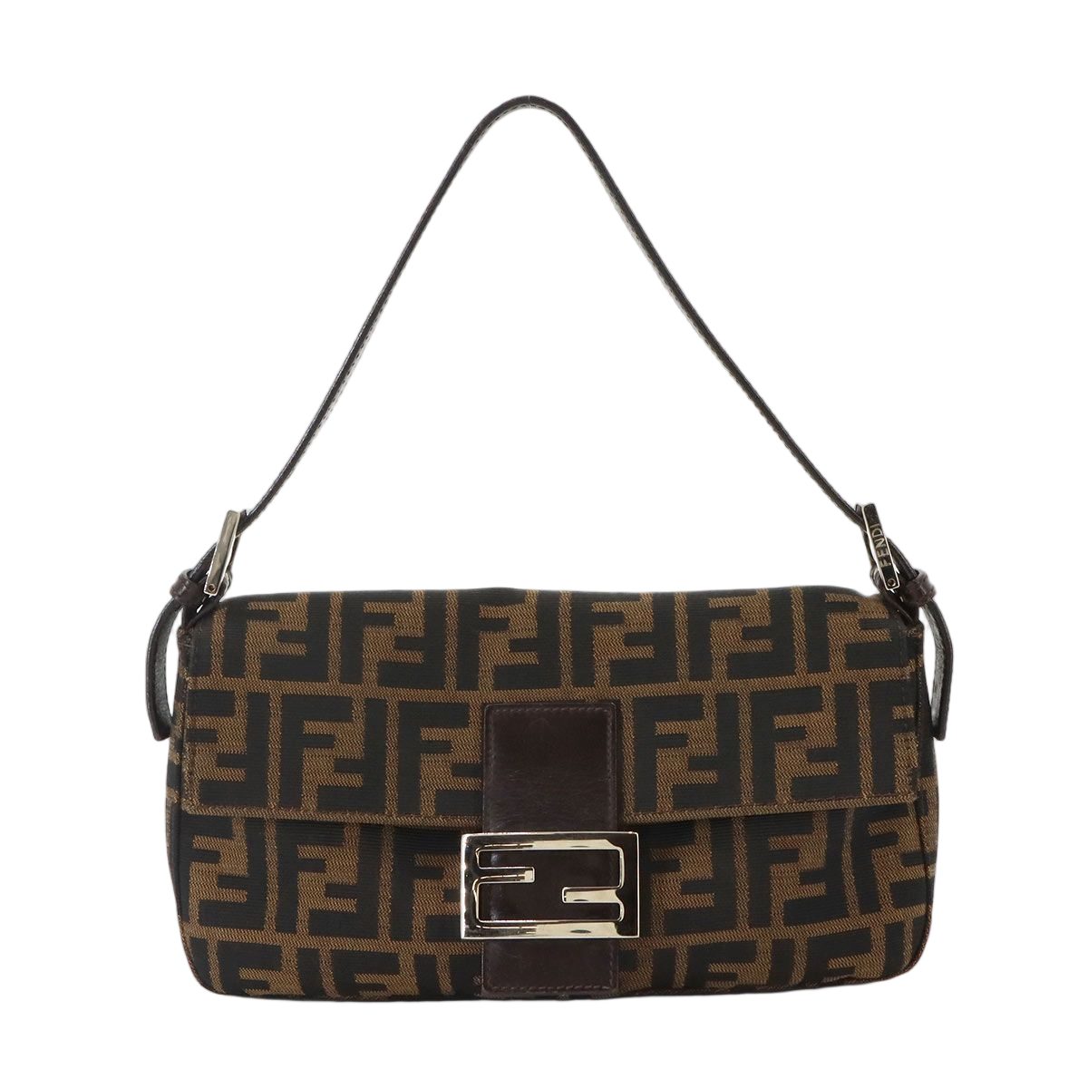 Fendi Zucca Mamma Baguette Shoulder Bag Canvas Leather Brown Silver