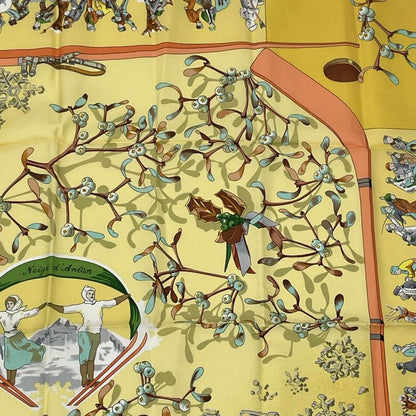 Hermes Carre 90 Neige D'antan Last Year's Snow Yellow 100% Silk Scarf