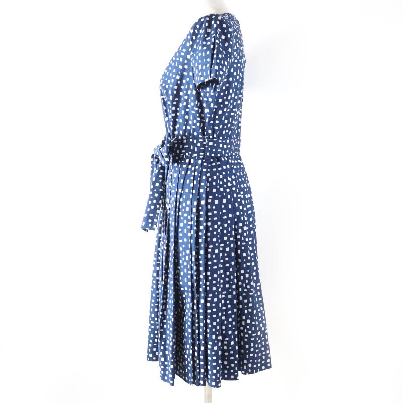 Prada Cotton Beautiful Silhouette Pleated Short Sleeve Dress With Belt Navy 40