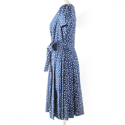 Prada Cotton Beautiful Silhouette Pleated Short Sleeve Dress With Belt Navy 40