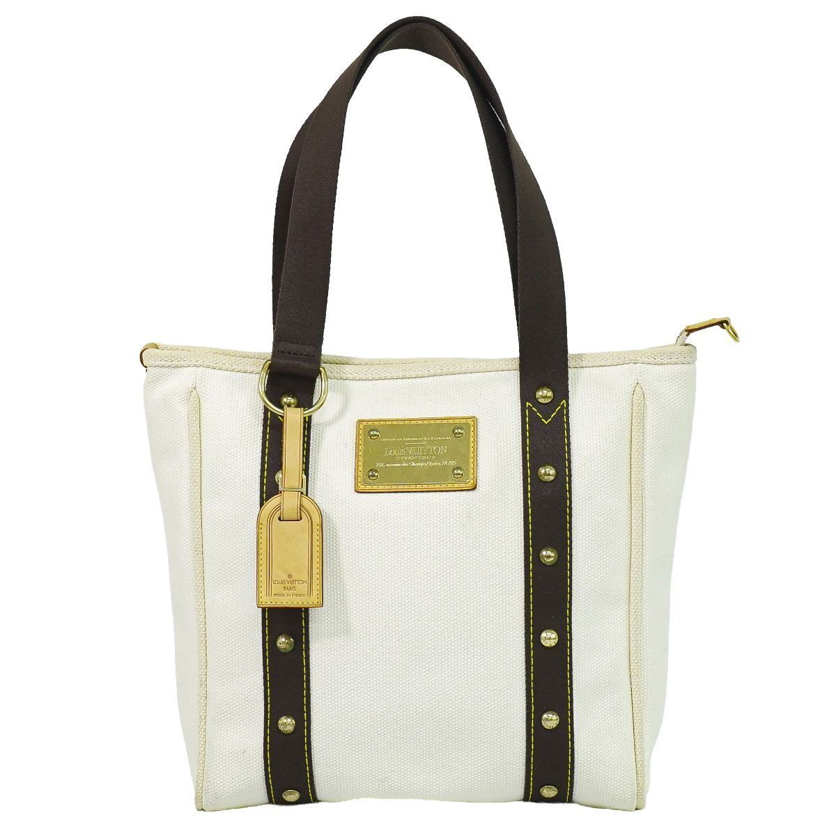 Louis Vuitton LV Antigua Cabas MM Canvas Shoulder Bag Tote Ecru White Brown