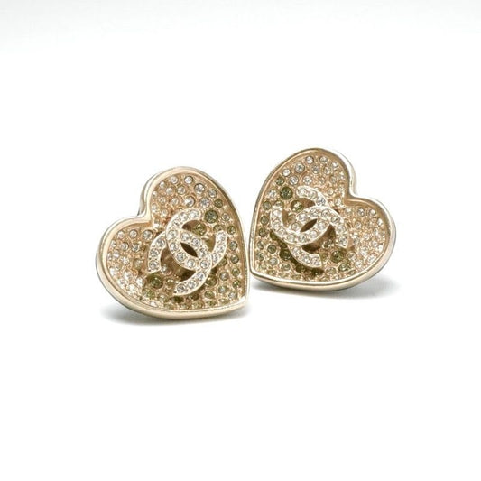 Chanel Earrings Gold Black Coco Mark Rhinestone Heart