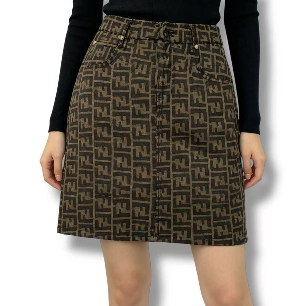 Fendi Zucca Pattern FF Logo All Over Skirt Miniskirt Brown Black 46