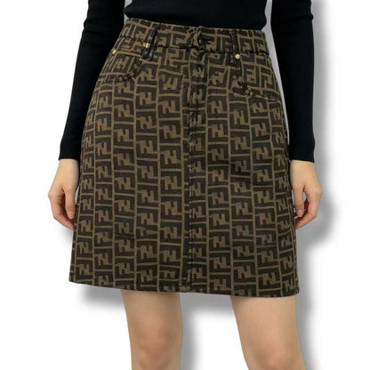 Fendi Zucca Pattern FF Logo All Over Skirt Miniskirt Brown Black 46