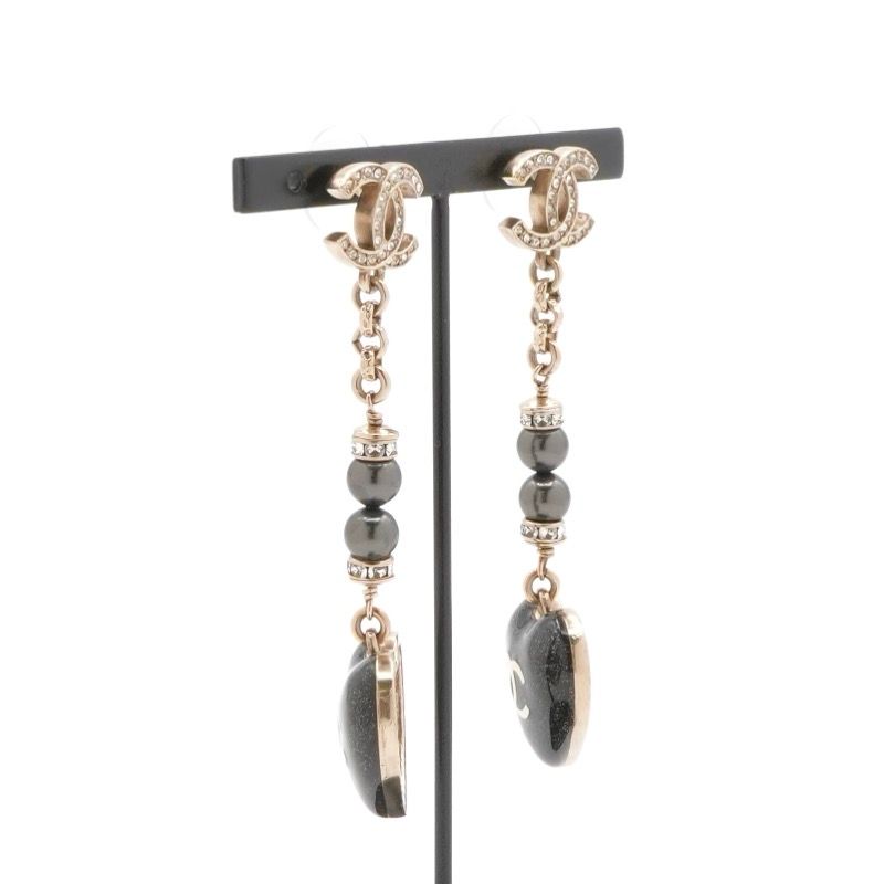 Chanel Earrings Earring Gold Black Coco Mark Heart Rhinestone