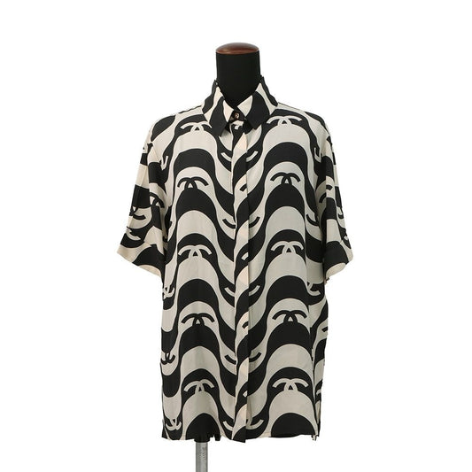 Chanel Short Sleeve Shirt CC Logo Wave Silk 36 Cream Black