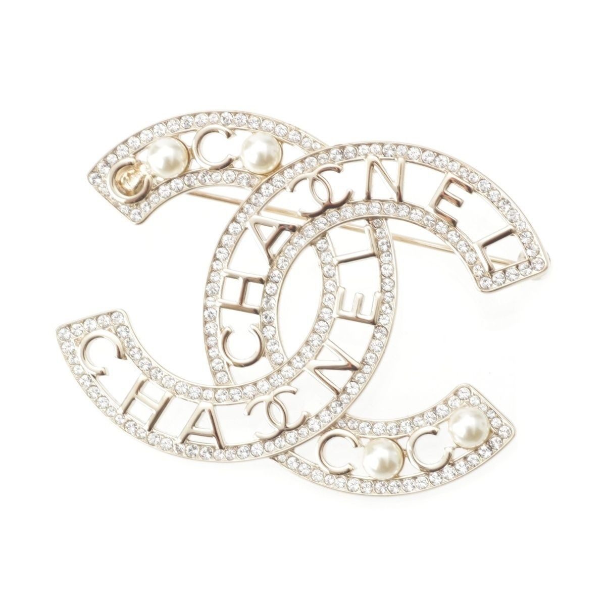 Chanel Pearl Line Stone CC Logo Brooch Gold
