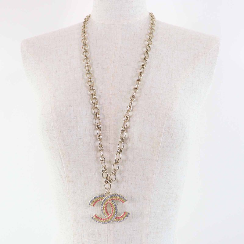CHANEL A23C Large Rainbow Rhinestone Coco Mark Chain Necklace Multi Gold With
