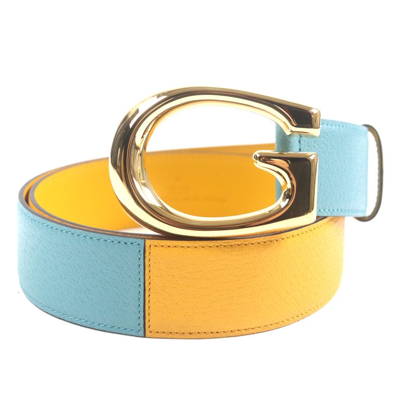  Gucci Memorable Buckle 709954 G Logo Buckle Bicolor Leather Belt Yellow Blue