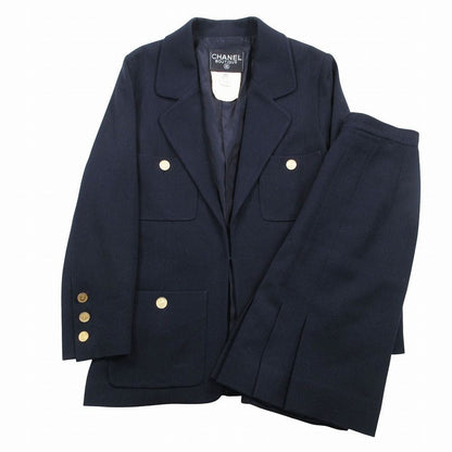 Chanel Gold Button Coin Vintage Skirt Suit Set Dark Navy 38