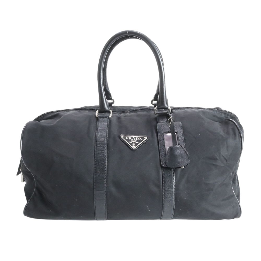 Prada Tessuto Nylon Triangle Logo Leather Boston Bag Business Travel Tote Black