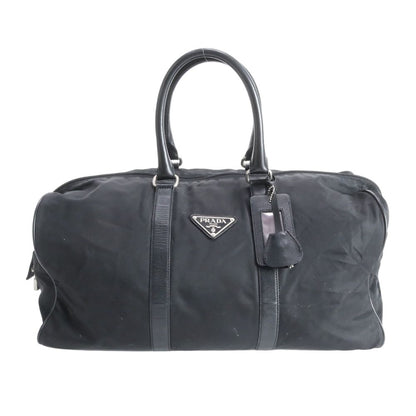 Prada Tessuto Nylon Triangle Logo Leather Boston Bag Business Travel Tote Black
