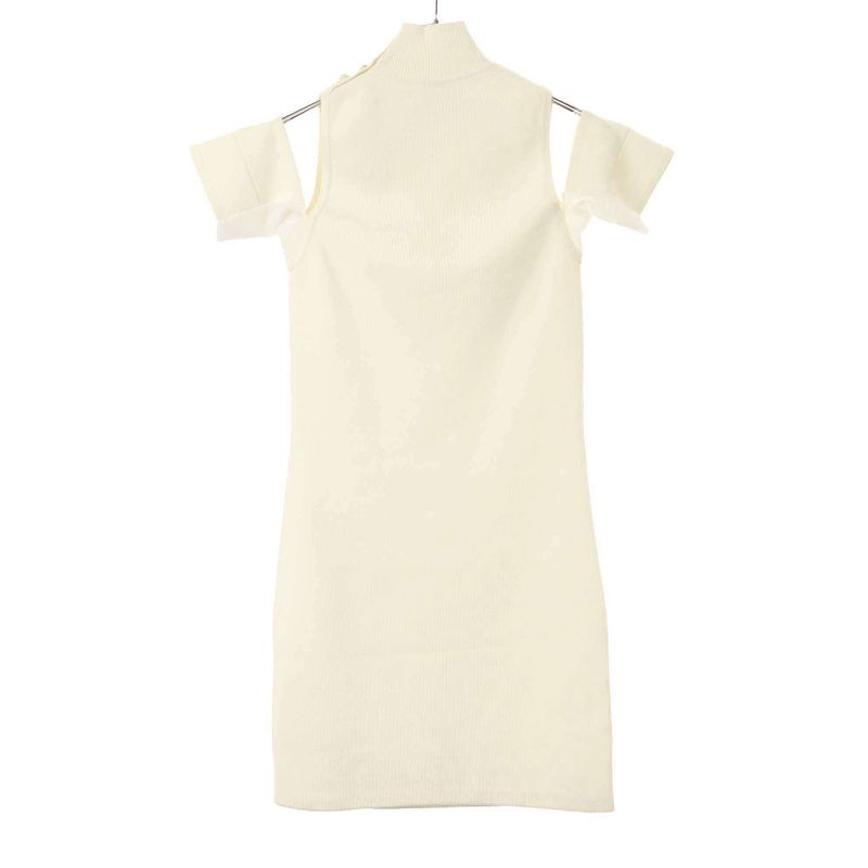 Chanel Coco Mark Button Lace Bijoux High Neck Knit Dress P43862k04509 White 36